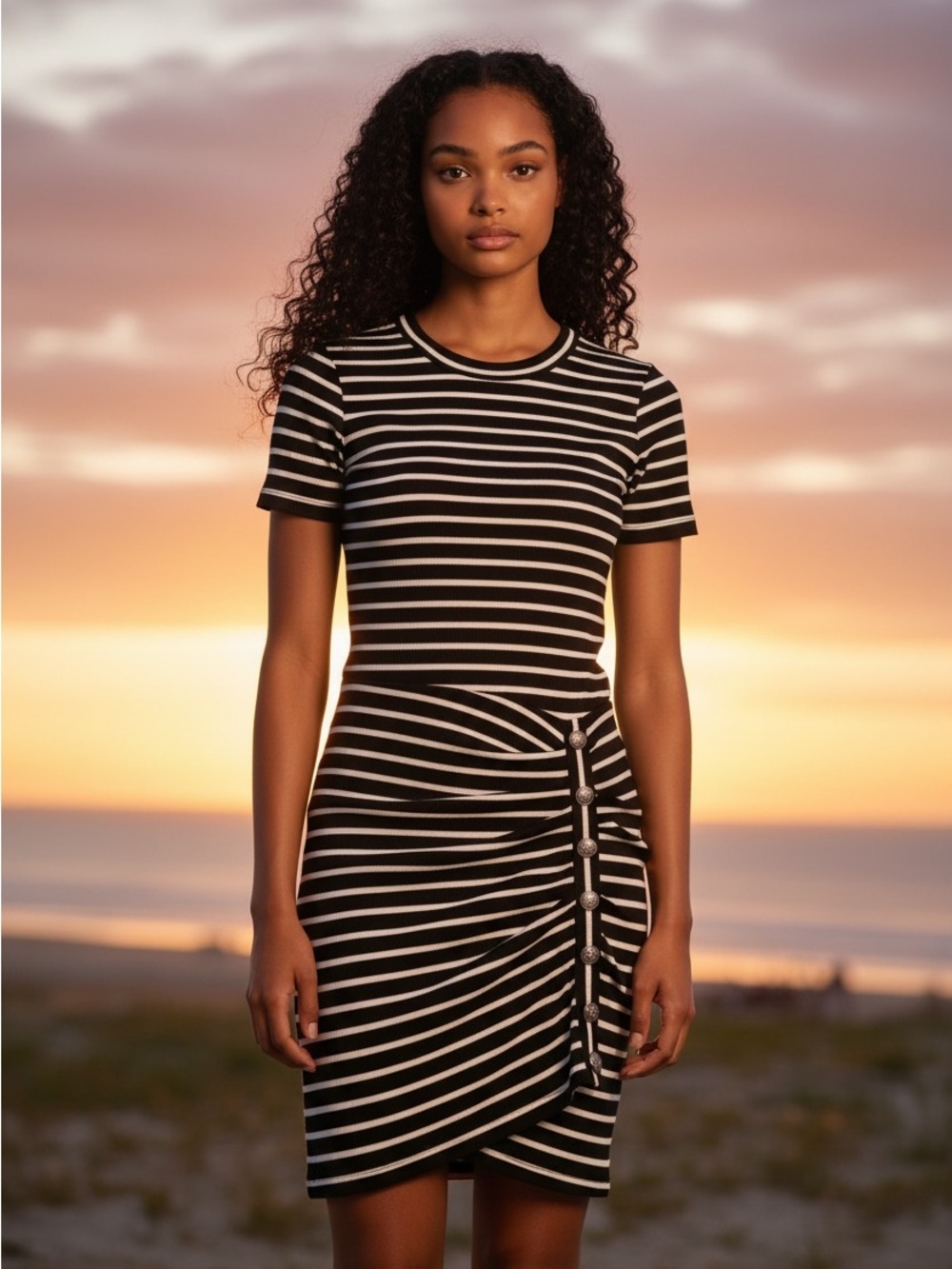 Veronica Beard Black and White Striped Short Sleeve Knit Mini Dress